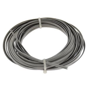 May include: Coiled gray metal rope, secured with a white plastic zip tie. The rope is tightly wound, creating a circular shape. The metal has a textured appearance, and the overall aesthetic is industrial.