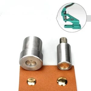 Può includere: Una pressa per rivetti in metallo con due componenti in metallo argentato e un utensile di pressatura verde. I componenti sono posizionati su una striscia di cuoio marrone con due rivetti dorati. L'utensile di pressatura è nell'angolo in alto a destra.