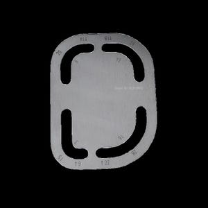 May include: A silver-colored metal gauge with curved and straight cutouts. Numbers are etched around the edges, including 8, 9, 12, 14, 15, 16, 18, 20, 22, 24, and 28. The gauge is set against a black background.