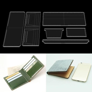May include: A clear acrylic wallet template with various cut-out shapes for leather crafting. Below, a green leather wallet with card slots is open, displaying cards. Next to it, a closed gray wallet and a gold smartphone.