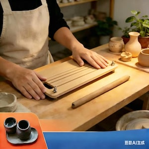 May include: A rectangular light-coloured wooden slab cutter featuring parallel wire grooves, metal tensioning bolts at the corners, and a cutout handle. A matching wooden rolling pin lies on the surface next to the slab cutter tool.