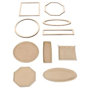 May include: A collection of light brown wooden craft items including various geometric frames such as a square, octagon, circle, oval, and rectangle, alongside solid matching shapes like a circle, rectangle, square, octagon, and oval tray.
