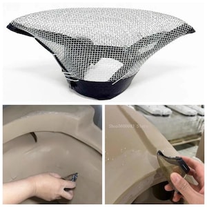 May include: A conical metal mesh filter with a black rim. The mesh features a fine grid pattern. The filter is shown being applied to a smooth, beige, curved surface, demonstrating its use as a component for a larger industrial structure.