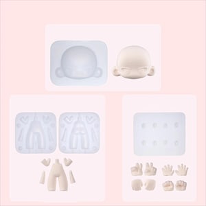 Puede incluir: Un conjunto de moldes de silicona y piezas de muñeca de resina beige claro, que incluye una cabeza, un torso con piernas y varios gestos de manos. Los moldes son de color blanco translúcido, mientras que las piezas son lisas y mate.