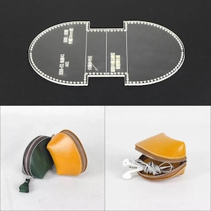 Op de afbeelding: Transparante acrylsjabloon voor een klein etui, met Chinese tekst. Daaronder twee kleine etuis met ritssluiting, één groene en één oranje. Het oranje etui is open en onthult witte oortelefoons.