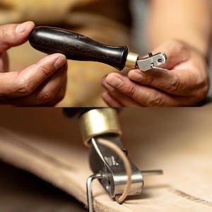 May include: A leather edge creaser tool featuring a dark wooden handle and a metal head. The tool is held in hands, with a close-up view of the creasing blade and the leather being worked on. It is used for creating a decorative edge on leather products.