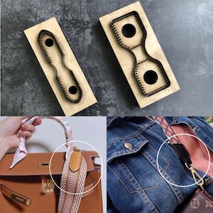 May include: Two wooden leathercraft tools with a strap shape cut out, and two examples of straps attached to a handbag and a denim jacket. The straps are in brown, white, and patterned colors.