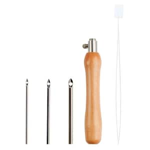 May include: A punch needle tool set consisting of a light brown wooden handle with a metal collar and tightening screw, three interchangeable metal needle tips of varying diameters, and a thin white wire needle threader for crafting.