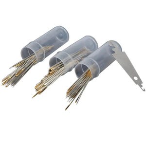 May include: Three translucent plastic cylindrical containers filled with assorted metallic sewing needles, featuring gold-toned eyes. A single flat, triangular metal needle threader tool with a small circular hole is positioned next to the third container.