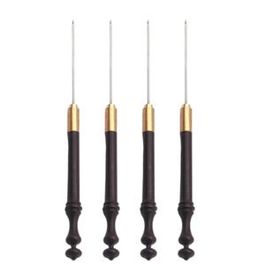 May include: Four sewing needles with dark brown handles, brass-colored metal accents, and thin silver needles. The handles have a decorative, turned design. The needles are arranged vertically against a white background.