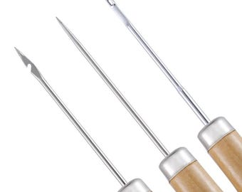 Leather Sewing Awl 3Pcs: Straight / Hollow / Elbow Wooden Handle Hand Hook Stitcher, Leather Punch Tool DIY Shoe Repair, Crochet Needle Tool