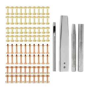 May include: A collection of leathercraft tools and hardware. The image shows sets of gold and copper rivets, along with a hole punch, a setting tool, and two metal tools with textured handles. The tools are arranged on a white background.
