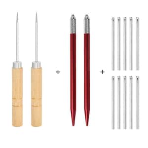 May include: A set of crafting tools including two awls with light wood handles and silver metal tips, two red metal stylus pens with textured silver grips, and ten thin silver metal replacement needles arranged in two rows of five.