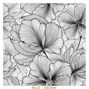 May include: A square tile featuring a black and white line art floral pattern with overlapping petals and intricate line details. The bottom edge displays the text No.11 and the dimensions 15x15cm in a small yellow rectangular box.