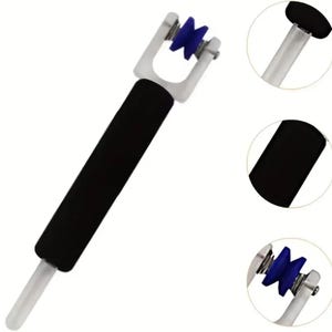 May include: A silver-colored massage tool with a black foam handle and a blue, star-shaped roller. The tool has a long, cylindrical design with a rounded end and is designed for muscle therapy.