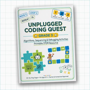 Puede incluir: Portada blanca y turquesa de un cuaderno de trabajo "Unplugged Coding Quest" para estudiantes de 3er grado. La portada presenta gráficos coloridos, incluyendo un robot, piezas de rompecabezas y flechas direccionales. Recurso STEM imprimible para edades 8-9.