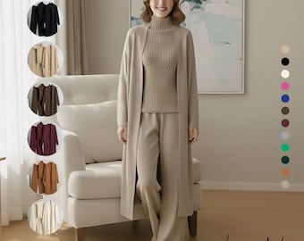 Women’s Soft Knit Lounge Set : Tracksuit with Cardigan, Wide Leg Pants and Crop Top