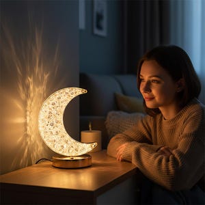 Crystal Moon Night Light : Warm LED Table Lamp, Crescent Moon for Bedroom Decor