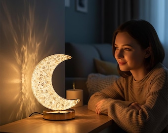 Lámpara de noche de luna de cristal: lámpara de mesa LED cálida, luna creciente para decoración de dormitorio.