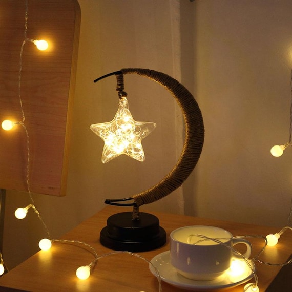 Moon Lamp With Unique Star Light: LED Decor Bedroom, Handmade Sculpture For Table