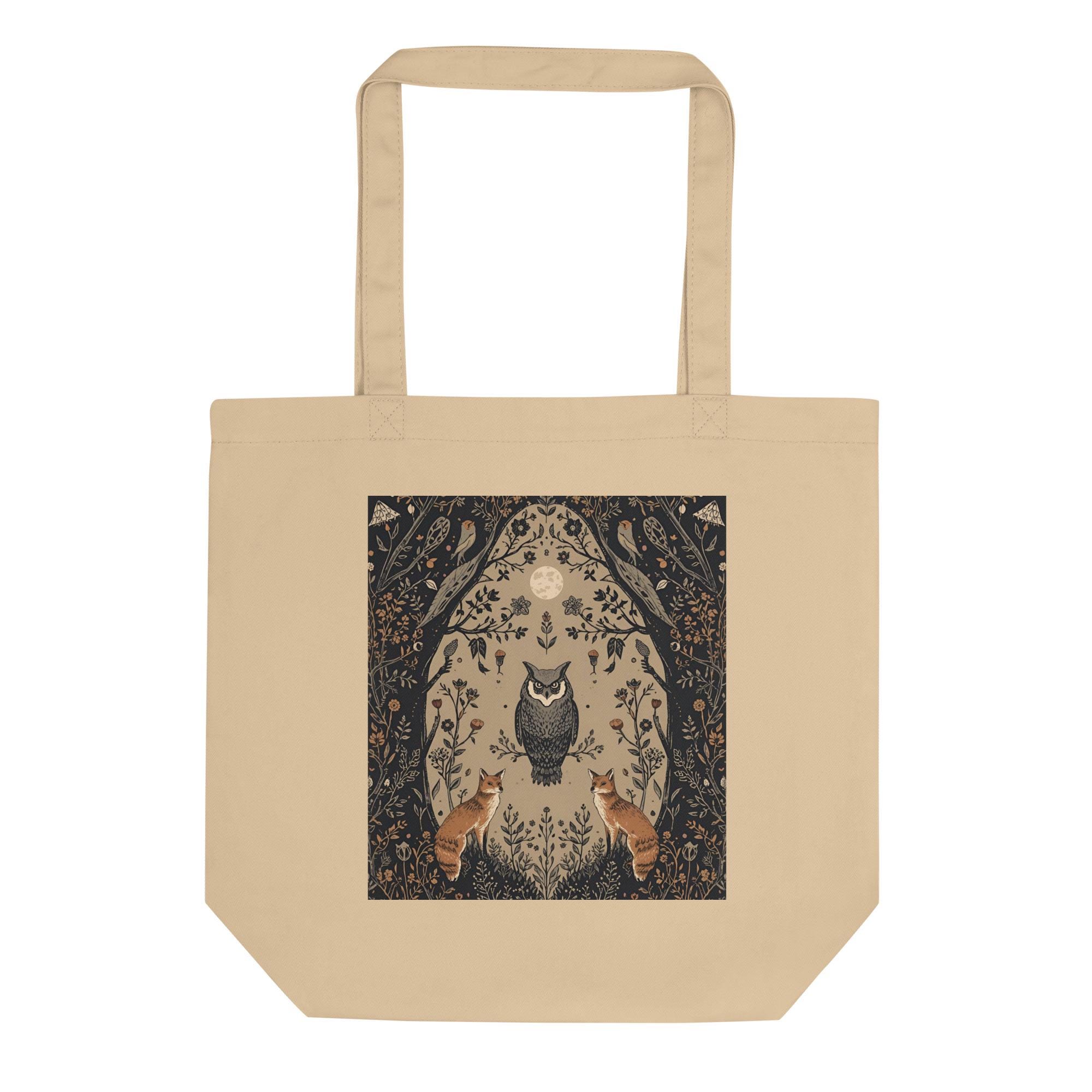 Mystic Forest Guardians Tote Bag | Owl, Fox & Moon Art | Eco-Friendly Tan Canvas Bag