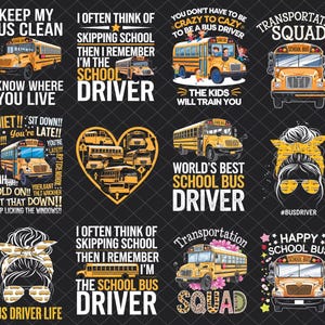 Puede incluir: Una colección de diseños con temática de autobús escolar sobre un fondo negro. Los diseños incluyen autobuses escolares, texto como "Keep My Bus Clean" y frases relacionadas con los conductores de autobús. La paleta de colores incluye amarillo, blanco y negro.