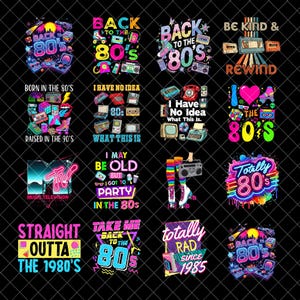 Puede incluir: Una colección de diseños gráficos coloridos con temas de los años 80. Los diseños incluyen textos como "Back to the 80s", "Born in the 80s" y "Totally Rad Since 1985", junto con imágenes retro como radiocasetes y cintas.