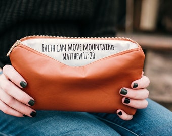 Faith Moves Mountains. Confirmation Gift For Her. Chestnut Brown Vegan Leather Bag. Christian Bible Verse