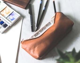 Personalized Vegan Leather Pencil Bag: 'Make Yourself Proud' Message