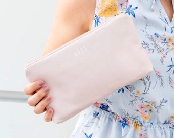Personalized Blush Pink Zipper Pouch: Custom Vegan Leather Makeup Bag