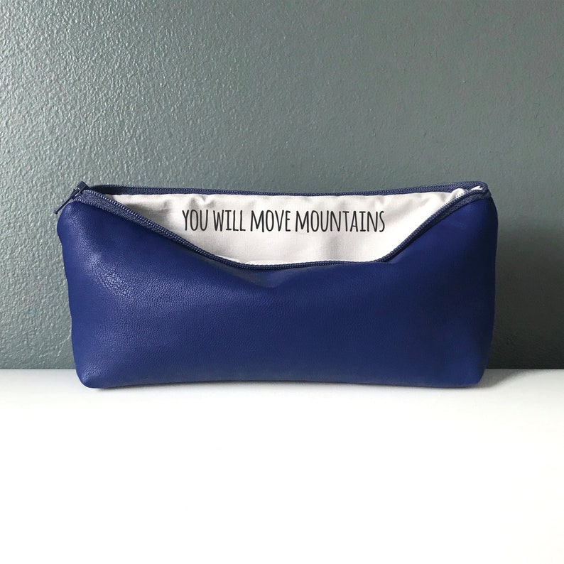 You Will Move Mountains. Inspirational Custom Pencil Bag, Personalized Hidden Message, Soft Cobalt Vegan Leather, Back To School Finds image 2