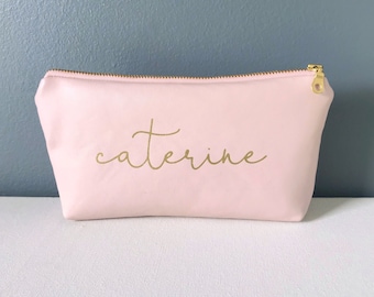 Personalized Rose Pink Makeup Bag, Leather Alternative Bag, Anniversary Gift for Wife