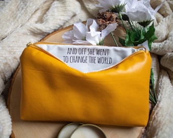 And Off She Went To Change The World. Mustard Yellow Vegan Leather Secret Message Makeup Pouch. Unique Custom Graduation Gift For Her.