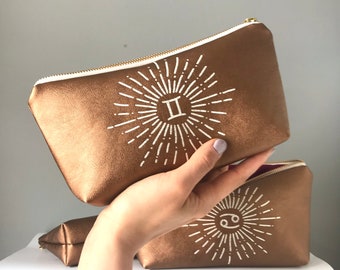 Personalized Zodiac Sunburst Copper Vegan Leather Bag. Astrology Birthday Gift for Her. Aries April Birthday Gift Idea.