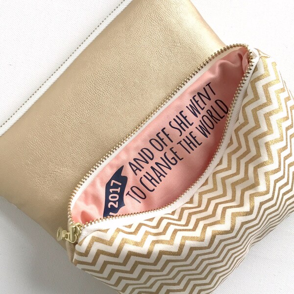 Inspirational Graduation Gift. Makeup Bag in Gold Chevron