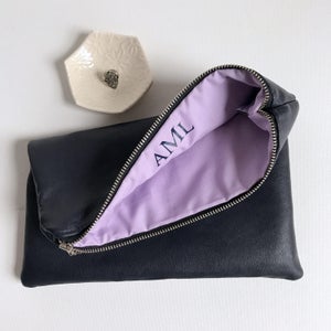 Personalized Black Vegan Leather Fold Over Clutch: Monogrammed Zipper Bag