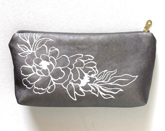 Gardenia Print Zipper Pouch. Steel Grey Vegan Leather. Jardín Series. Personalize Colors. Optional Custom Hidden Message Inside