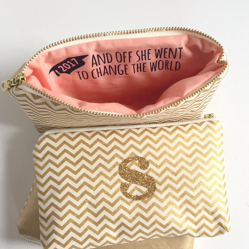 Personalized Graduation Gift for Her, Class of 2022 & 2023, Nurse Graduation Gift, Gold Chevron Zip Bag, College Graduation Gift for Her image 1