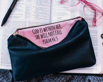 God is Within Her Zipper Bag. Christian Makeup Bag Psalm 46:5. Bible Verse Gift. Confirmation Gift For Girls. Custom Religious Keepsake.