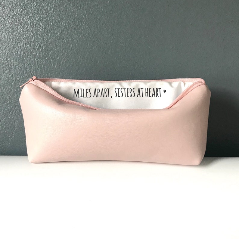 Miles Apart Sisters At Heart. Long Distance Pencil Bag, Gifts for Sister, Pencil Pouch, Hidden Message, Soft Blush Pink Vegan Leather image 1