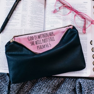 God is Within Her. Confirmation Gift for Girls, Black Vegan Leather Pouch. Goddaughter Gift, Christian Sponsor Gift, Gifts for Teen Girls image 1