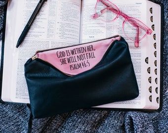 God is Within Her. Confirmation Gift for Girls, Black Vegan Leather Pouch. Goddaughter Gift, Christian Sponsor Gift, Gifts for Teen Girls