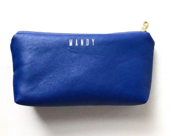 Personalized Name Travel Zipper Pouch. Custom Makeup Bag. Cobalt Blue Vegan Leather. Super Soft. Washable Bag. Choose Colors