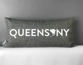 Queens NY Pillow: Linen Lumbar Pillow, Handmade Home Decor