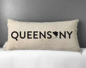 Queens NY Pillow: Handmade Linen Lumbar Pillow, NYC Pride Decor