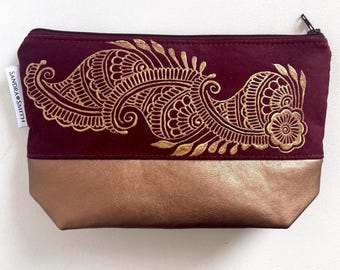 Original Henna Suede and Faux Leather Zipper Bag. Hand designed Henna by artist Natalia Zamparini. Made in Queens