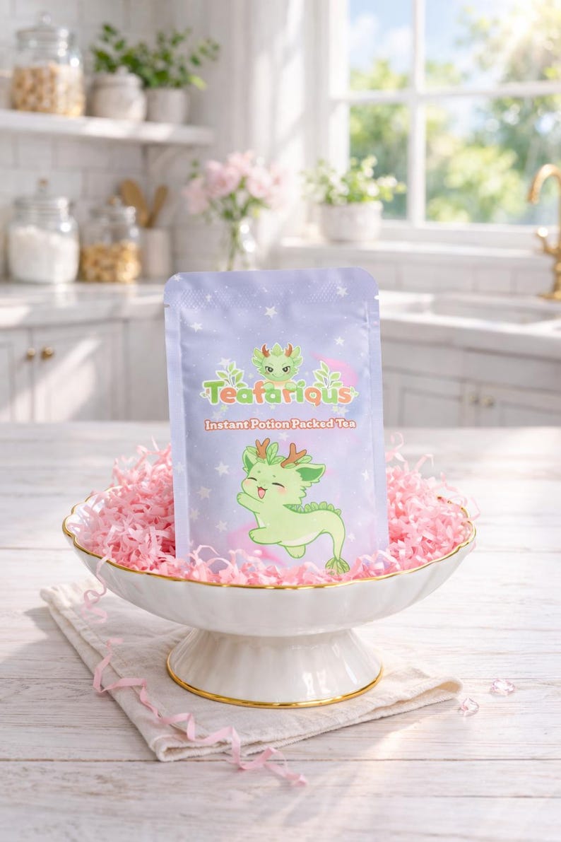 May include: A light purple tea packet with the text "Teafarious" and a cartoon dragon illustration. The packet is displayed in a white and gold footed bowl filled with pink paper shreds. The words "Instant Potion Packed Tea" are also on the packet.