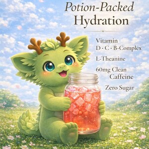 May include: A whimsical illustration features a green dragon-like creature holding a jar of red beverage with ice cubes. The text "Potion-Packed Hydration" is at the top. Additional text lists ingredients: Vitamin D, C, B-Complex, L-Theanine, 60mg Clean Caffeine, and Zero Sugar.