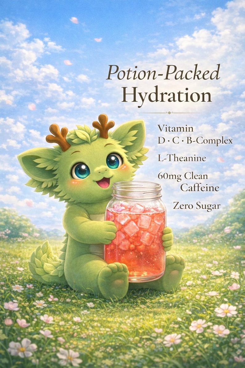 May include: A whimsical illustration features a green dragon-like creature holding a jar of red beverage with ice cubes. The text "Potion-Packed Hydration" is at the top. Additional text lists ingredients: Vitamin D, C, B-Complex, L-Theanine, 60mg Clean Caffeine, and Zero Sugar.