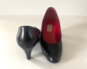 80's Celine Black Pumps with Red Leather Lining, Size 36